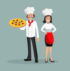 The chef is a man and a woman with pizza. Vector illustration of a flat design.