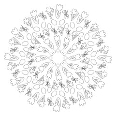 vector black and white circular round easter spring mandala with flowers and eggs - adult coloring book page - tulip, daffodil and white snowdrop