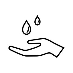 Line icon with drops of liquid falling on hand. Symbol of water resources, weather, hygiene, humidity concept. Vector Illustration