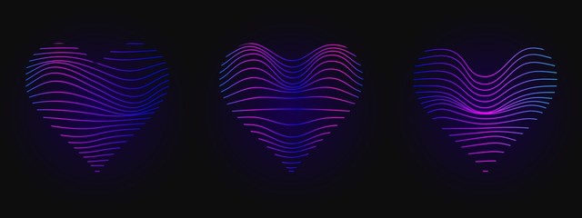 Bright blue pink heart. Neon sign. Glowing waves on black background. Design abstract template