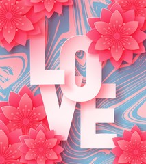 3d abstract paper cut illustration of love letters and paper art pink flowers on marble background.