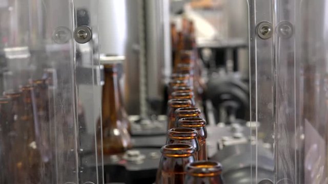 Automatic Beer Bottling Line. Queue of empty bottles on the conveyor.