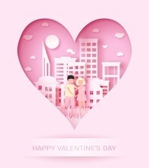 Happy Valentine's day 3d abstract paper cut illustration of colorful paper art landscape with paper cut couple, big city