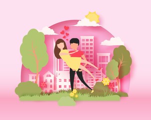 Happy Valentine's day 3d abstract paper cut illustration of colorful paper art landscape with paper cut couple, big city