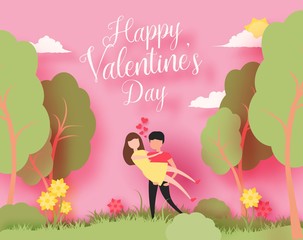 Obraz na płótnie Canvas Happy Valentine's day 3d abstract paper cut illustration of colorful paper art landscape with paper cut couple, trees