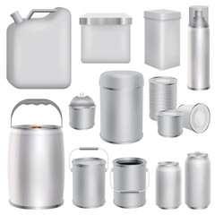 Metal packaging mockup set, realistic style