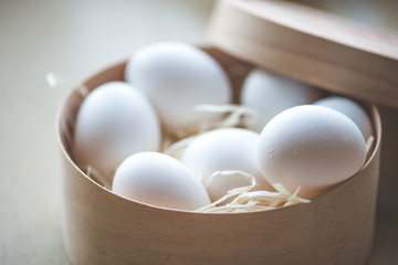 Close-up view of raw chicken eggs