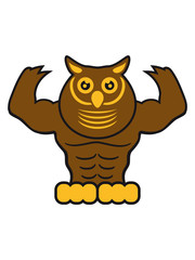 bodybuilder stark muskeln fitness training posen cool klein süß niedlich eule kauz uhu vogel nacht fliegen comic cartoon clipart