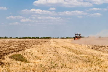 Fototapeta premium Yellow orange squashed field of stubble, tractor mowing hay, harvesting, against the background of the horizon, a blue sky with clouds, a bright sunny day