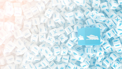 A lot of scattered cubes with logos of different types of transport. 3d illustration