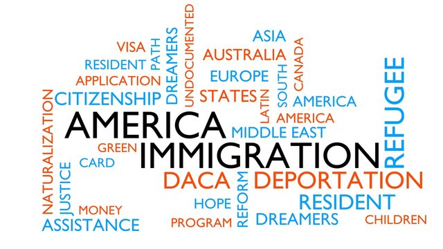 America, immigration word tag cloud. 3D rendering, white variant.