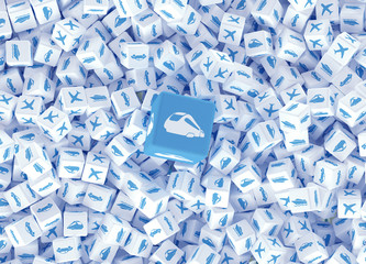 A lot of scattered cubes with logos of different types of transport. 3d illustration