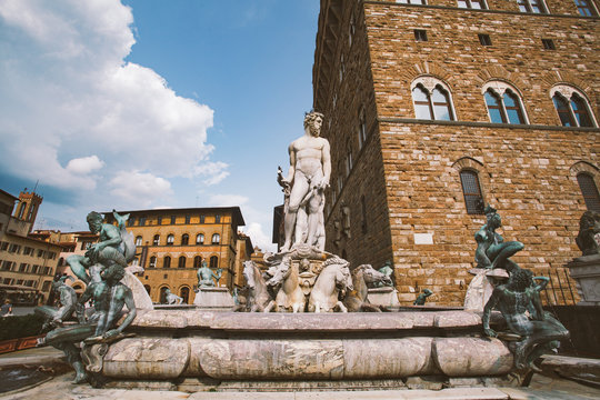 italy, florence, July 19, 2013:Famous Fountain of Neptune on Piazza della Signoria in Florence, Italy