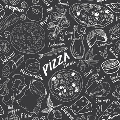 Pizza seamless pattern hand drawn sketch. Pizza Doodles Food background with flour and other food ingredients, oven and kitchen tools. Vector illustration