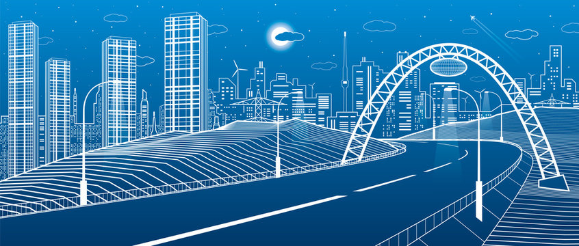 Highway under the bridge. Modern night town, neon city. Infrastructure illustration, urban scene. White lines on blue background. Vector design art 