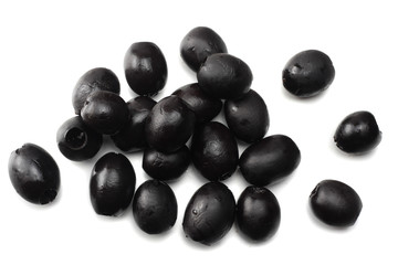 Marinated slices black olives isolated on white background. top view