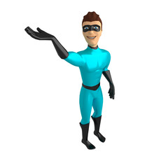 3d character in a superhero costume on a white background, with a raised hand. 3d illustration