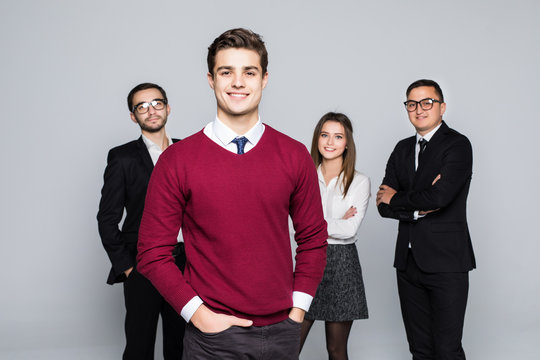 Man In Front Of Team Group Of Business People Isolated Over White Background