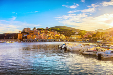 Elba island, Rio Marina village bay. Bay beach and lighthouse. Tuscany, Italy.