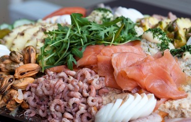 Trays with various delicious snacks