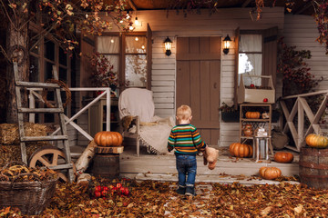 Cute little baby boy dressed in a sweater, jeans, blue boots playing near house with plush toy teddy bear in autumn time. Courtyard, lit by flashlights, with dry fall yellow leaves, orange pumpkins.