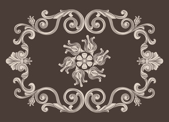 Vintage baroque frame border leaf scroll floral ornament engraving retro flower pattern antique style swirl decorative design element