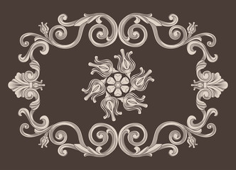 Vintage baroque frame border leaf scroll floral ornament engraving retro flower pattern antique style swirl decorative design element