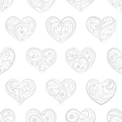 Fototapeta na wymiar Seamless pattern of big hearts with ornament of curls, flowers and leaves, gray on white