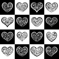 Background or seamless pattern of hearts with ornament of curls, flowers and leaves, on black and white squares