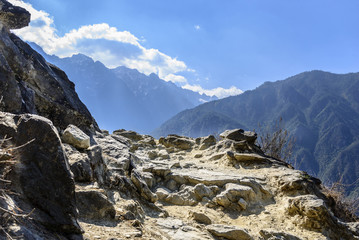 Hiking path (the high road) of Tiger Leaping Gorge. Located in Shangri-La County, 60 kilometres north of Lijiang, Yunnan, China.