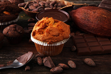 Chocolate muffin and nut muffin, homemade bakery on dark background