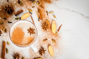 Traditional indian masala chai tea with spices - cinnamon, cardamom, anise, white background. Top...
