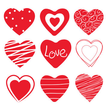 Red hearts set on white background. Vector illustration.