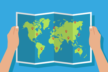 World map holding in hands. Vector illustration.