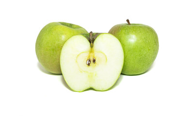 Green apples and apple slices isolated on white background