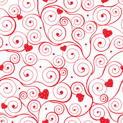 Seamless pattern with hearts and swirls. Vector illustration.