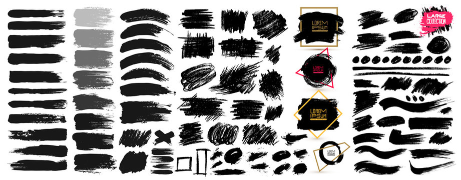 Large set of black paint, ink brush strokes, brushes, lines, grungy. Dirty artistic design elements, boxes, frames. Vector illustration. Isolated on white background. Freehand drawing