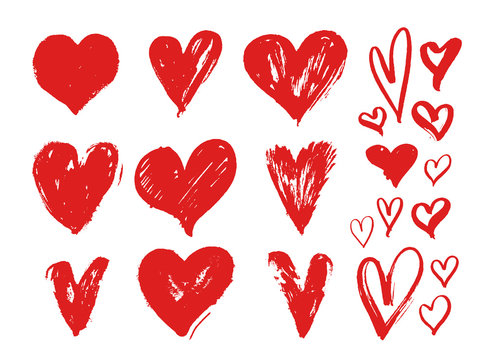 Set of red grunge hearts. Design elements for Valentine's day. Vector illustration heart shapes. Isolated on white background