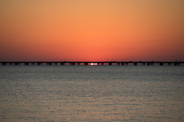 sunset, lake, bridge, water, sky, 