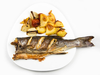 cooked on white plate of sea bream and potatoes, onions