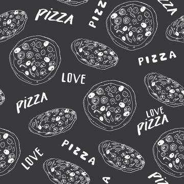 Pizza seamless pattern hand drawn sketch. Pizza slice doodles and words pizza love Food background. Vector illustration