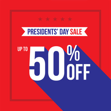 Presidents' Day Holiday Up To 50% Off Sale Advertisement Square Template Vector Illustration Over Red Background with Stars