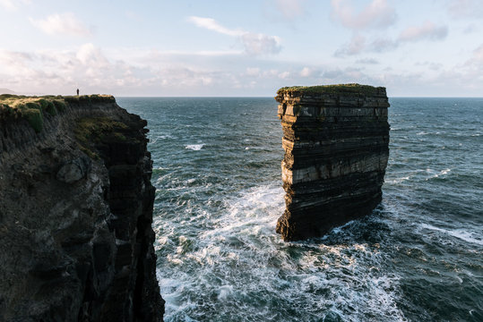 View of cliff at Downpatrick Head with stack in Atlantic ocean