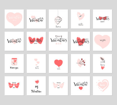 Romantic Collection of Cute Hand Drawn Abstract Valentine s Day Cards. Trendy backgrounds for greeting cards, headers, invitations, gift paper, posterts, banners, brochures, web. Vector Illustrations