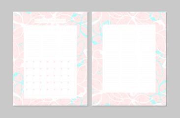 Universal Monthly Planner. Printable Template. Vector. Floral background in pastel soft colors. Outline doodle flowers