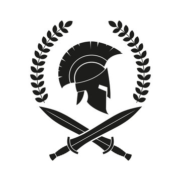 Spartan helmet, swords. Logo. Vector. Isolated.