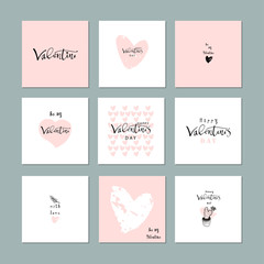 Fototapeta na wymiar Romantic Collection of Cute Hand Drawn Abstract Valentine s Day Cards. Trendy backgrounds for greeting cards, headers, invitations, gift paper, posterts, banners, brochures, web. Vector Illustrations
