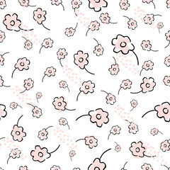 Cute Floral Seamless Pattern with hand drawn doodle flowers and leaves. Delicate romantic background for wallpaper, textile, wrapping paper, invitation cards, nursery, apparel. Vector