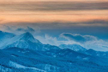 Panorama of the High Tatra Mountains in the evening, Poland