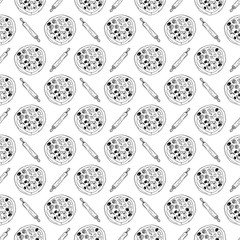 Pizza seamless pattern hand drawn sketch. Pizza doodles and rolling pin, Food background. Vector illustration
